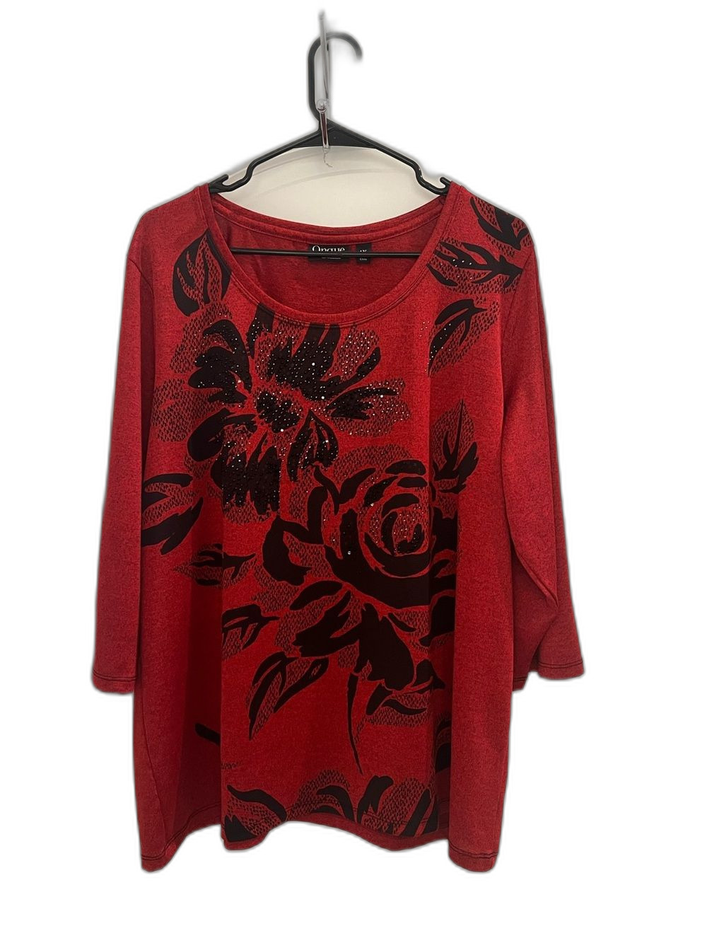 Onque Casual 1X Red Black Floral Embellished 3/4 Sleeve Tunic Top